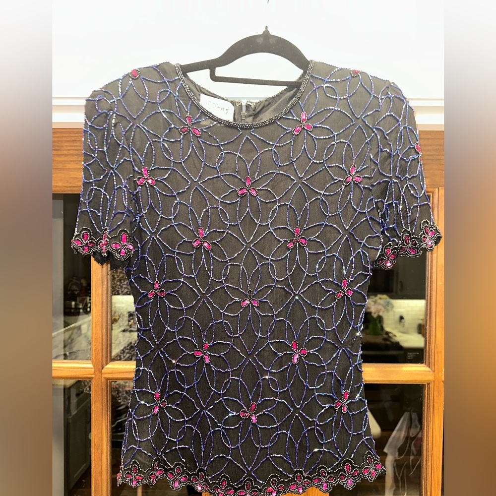 Stenay 100% Silk Size Small Beaded Embellished Black w Blue‎ & Pink Top Vintage